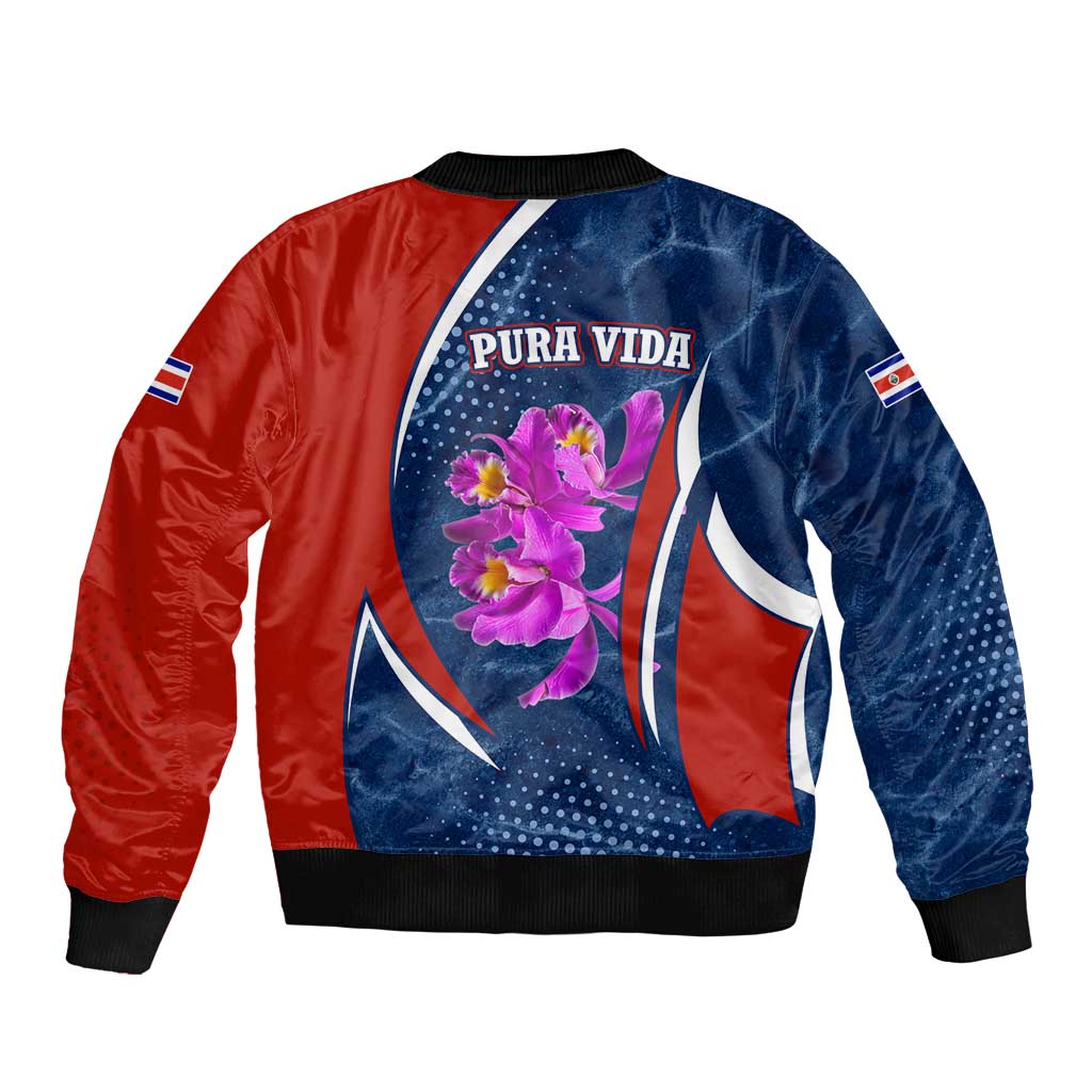 Costa Rica Orchid Sleeve Zip Bomber Jacket Red and Blue with National Emblem and Purple Flower Design - Wonder Print Shop