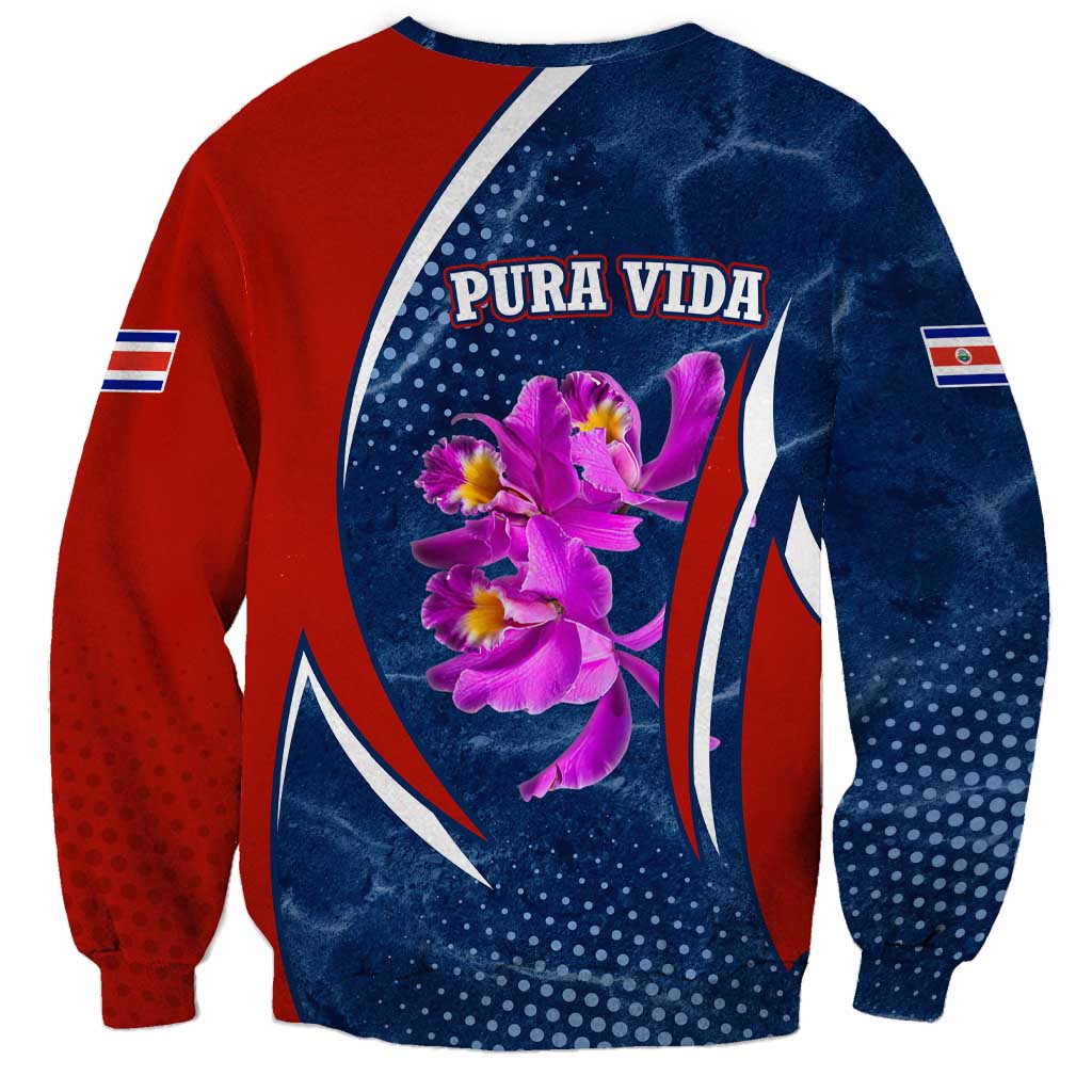 Costa Rica Orchid Sweatshirt Red and Blue with National Emblem and Purple Flower Design - Wonder Print Shop