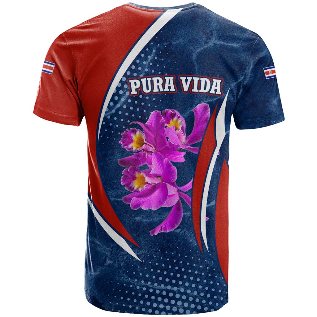 Costa Rica Orchid T Shirt Red and Blue with National Emblem and Purple Flower Design - Wonder Print Shop