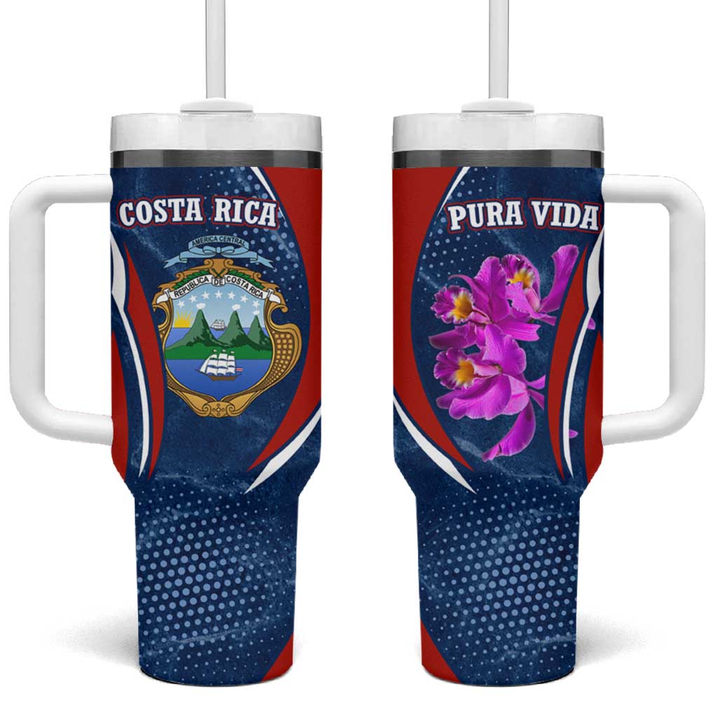 Costa Rica Orchid Tumbler With Handle Red and Blue with National Emblem and Purple Flower Design - Wonder Print Shop