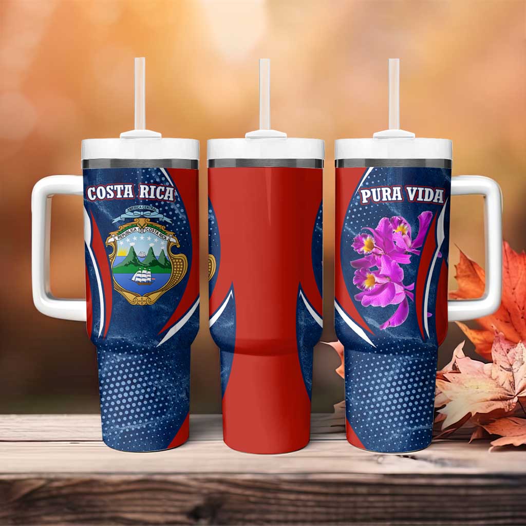 Costa Rica Orchid Tumbler With Handle Red and Blue with National Emblem and Purple Flower Design - Wonder Print Shop