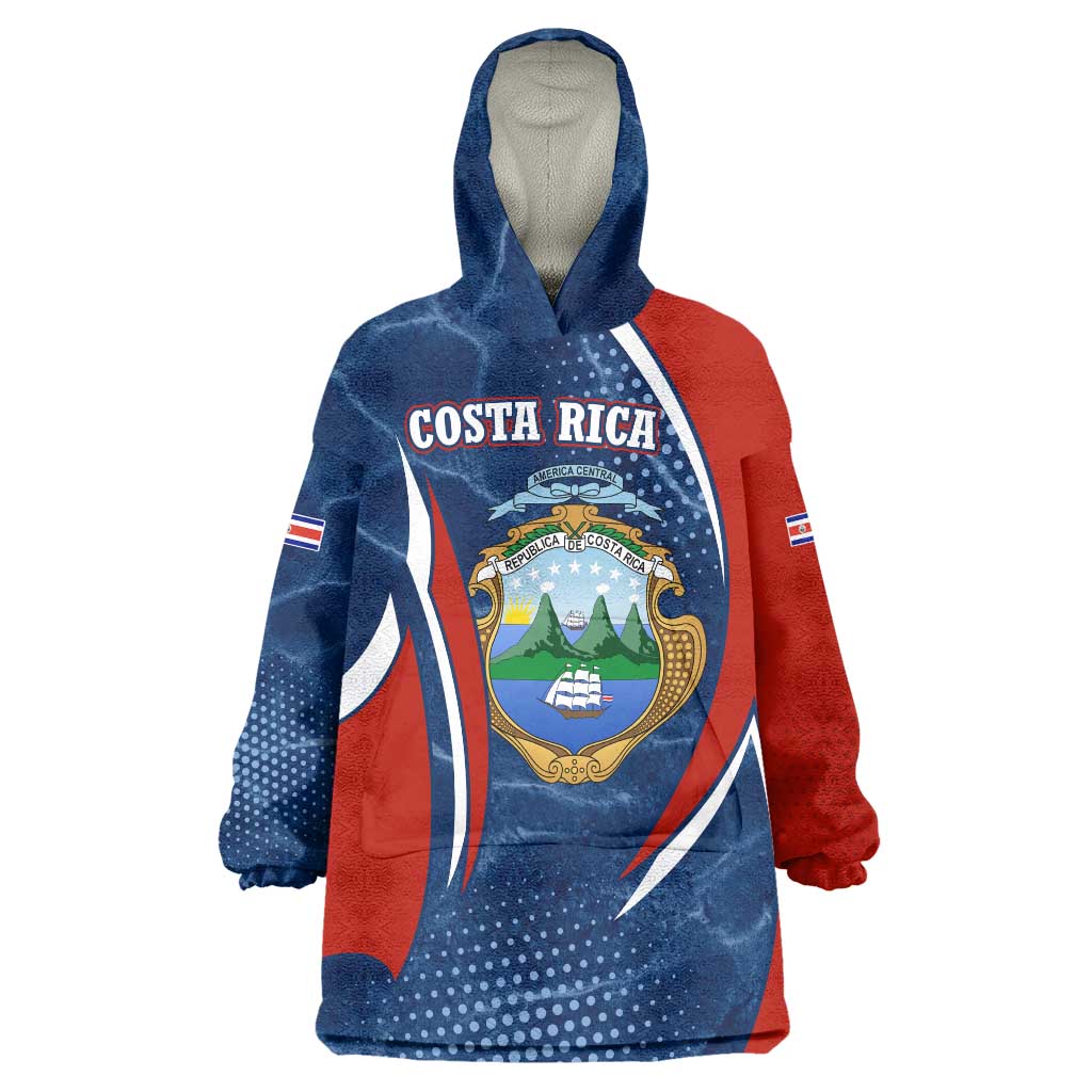 Costa Rica Orchid Wearable Blanket Hoodie Red and Blue with National Emblem and Purple Flower Design - Wonder Print Shop