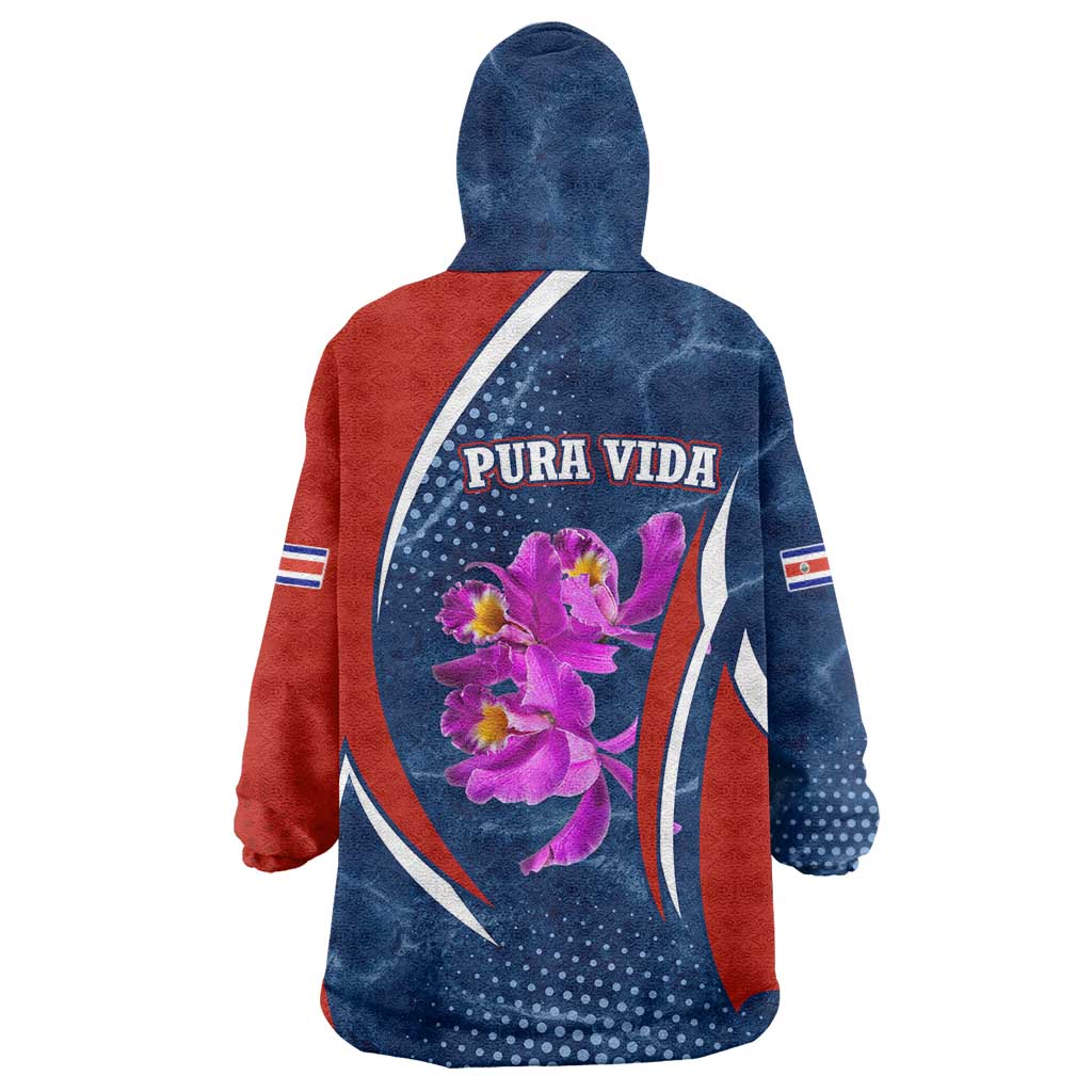Costa Rica Orchid Wearable Blanket Hoodie Red and Blue with National Emblem and Purple Flower Design - Wonder Print Shop