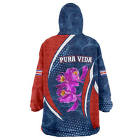 Costa Rica Orchid Wearable Blanket Hoodie Red and Blue with National Emblem and Purple Flower Design - Wonder Print Shop