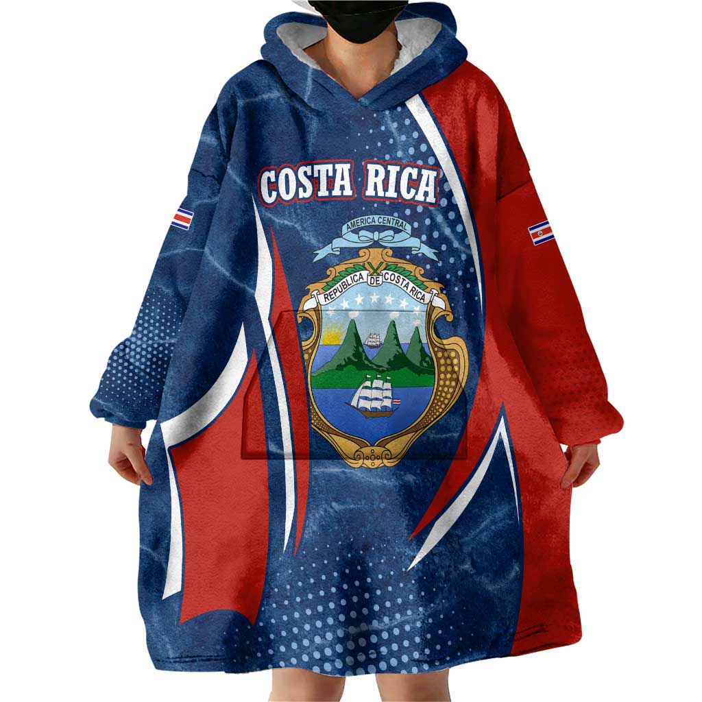 Costa Rica Orchid Wearable Blanket Hoodie Red and Blue with National Emblem and Purple Flower Design - Wonder Print Shop
