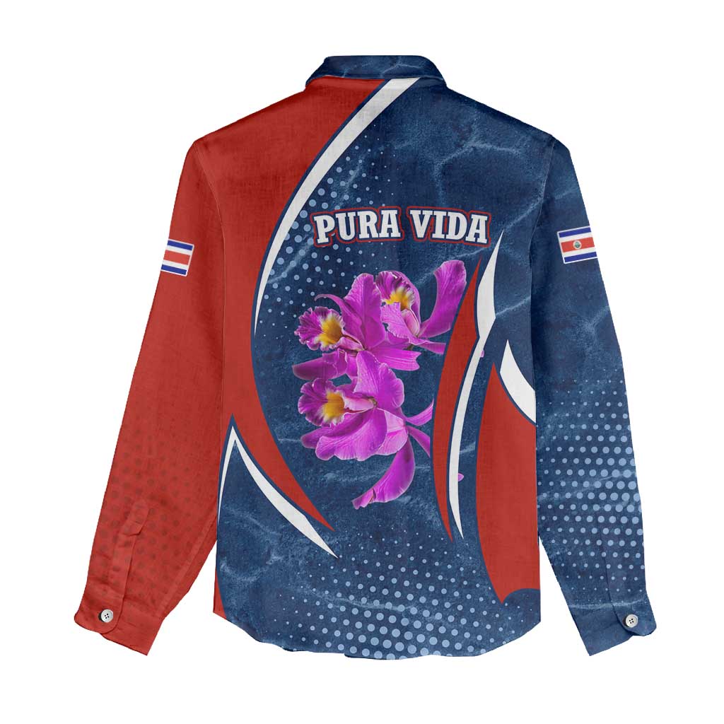 Costa Rica Orchid Women Casual Shirt Red and Blue with National Emblem and Purple Flower Design - Wonder Print Shop