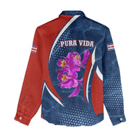 Costa Rica Orchid Women Casual Shirt Red and Blue with National Emblem and Purple Flower Design - Wonder Print Shop