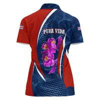 Costa Rica Orchid Women Polo Shirt Red and Blue with National Emblem and Purple Flower Design - Wonder Print Shop