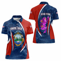 Costa Rica Orchid Women Polo Shirt Red and Blue with National Emblem and Purple Flower Design - Wonder Print Shop