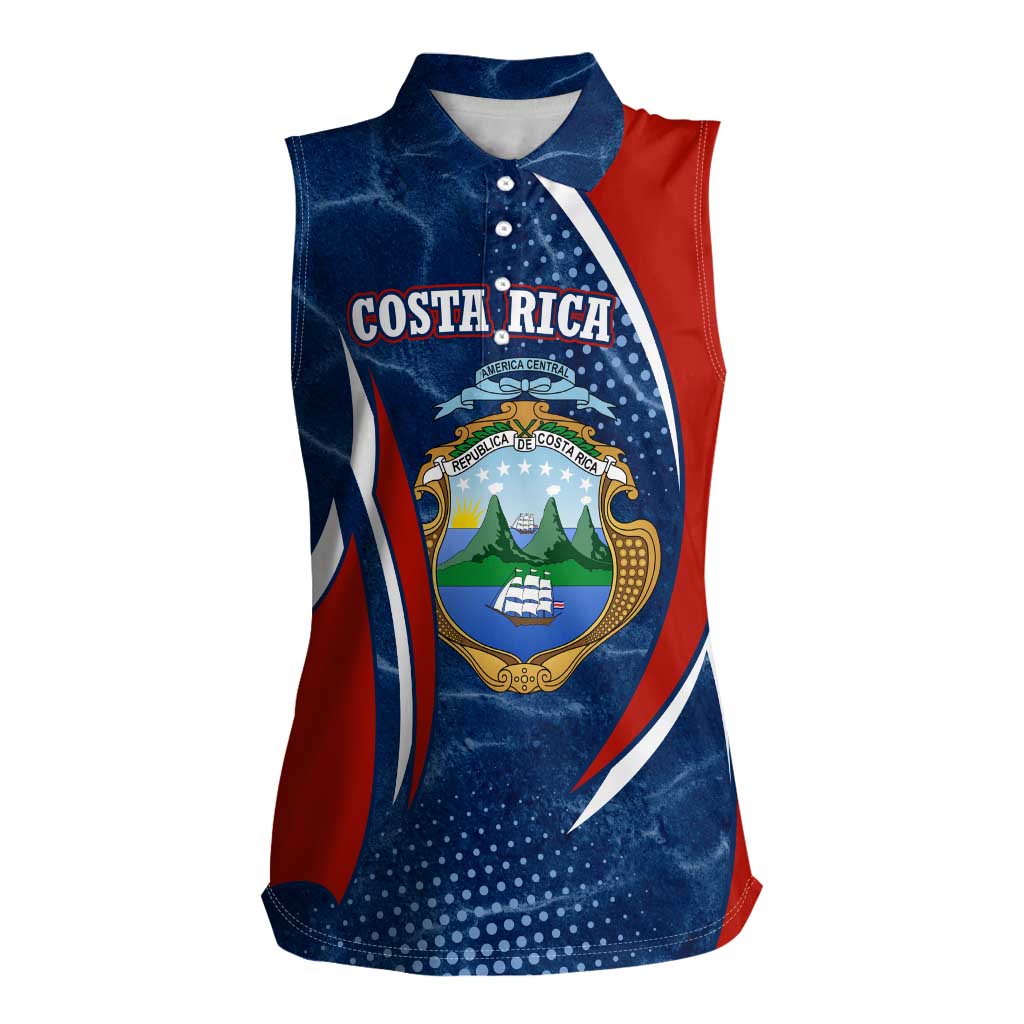 Costa Rica Orchid Women Sleeveless Polo Shirt Red and Blue with National Emblem and Purple Flower Design - Wonder Print Shop