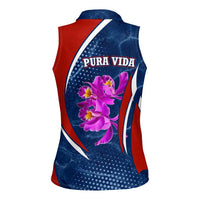 Costa Rica Orchid Women Sleeveless Polo Shirt Red and Blue with National Emblem and Purple Flower Design - Wonder Print Shop