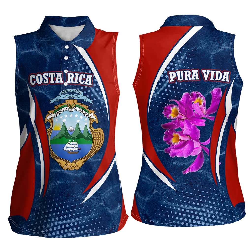 Costa Rica Orchid Women Sleeveless Polo Shirt Red and Blue with National Emblem and Purple Flower Design - Wonder Print Shop