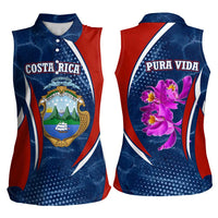 Costa Rica Orchid Women Sleeveless Polo Shirt Red and Blue with National Emblem and Purple Flower Design - Wonder Print Shop