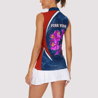 Costa Rica Orchid Women Sleeveless Polo Shirt Red and Blue with National Emblem and Purple Flower Design - Wonder Print Shop