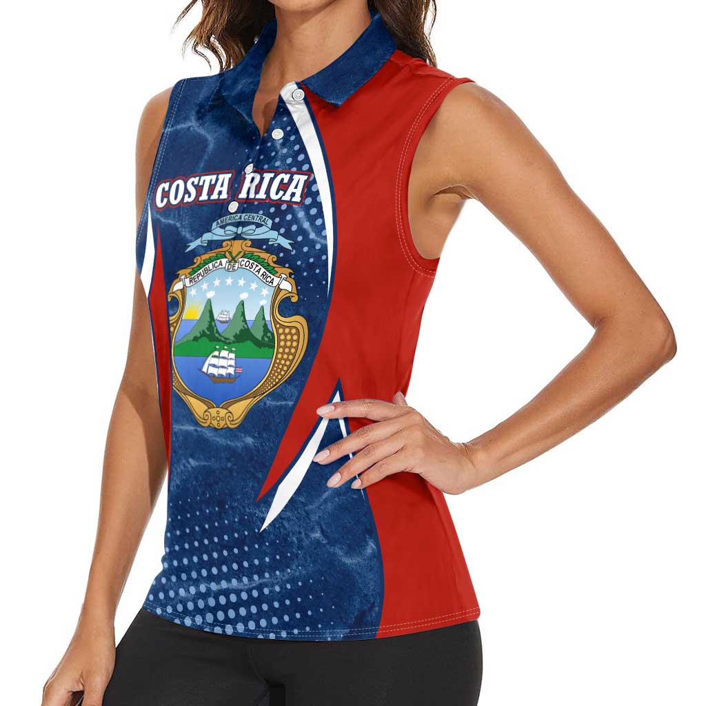 Costa Rica Orchid Women Sleeveless Polo Shirt Red and Blue with National Emblem and Purple Flower Design - Wonder Print Shop