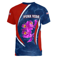 Costa Rica Orchid Women V-Neck T-Shirt Red and Blue with National Emblem and Purple Flower Design - Wonder Print Shop