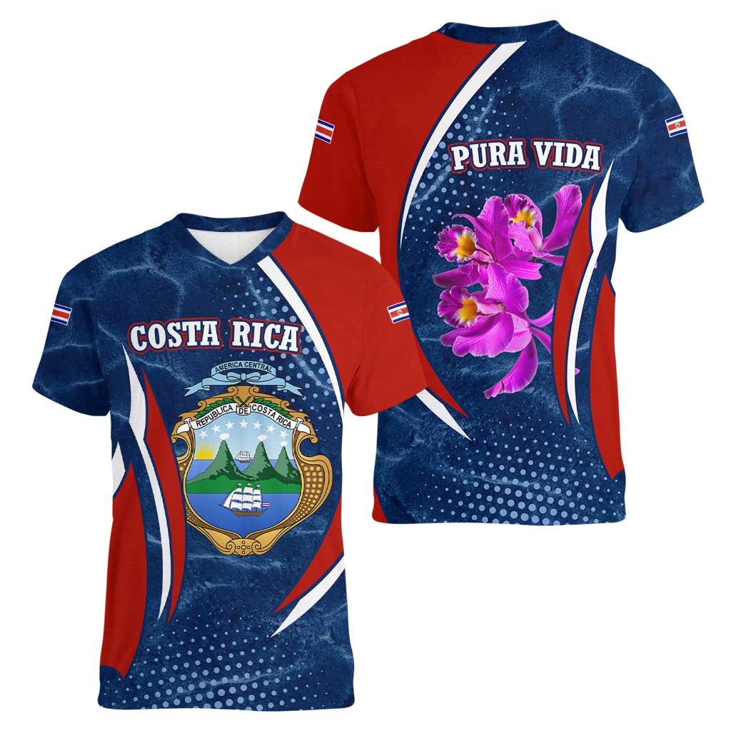 Costa Rica Orchid Women V-Neck T-Shirt Red and Blue with National Emblem and Purple Flower Design - Wonder Print Shop