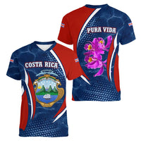 Costa Rica Orchid Women V-Neck T-Shirt Red and Blue with National Emblem and Purple Flower Design - Wonder Print Shop