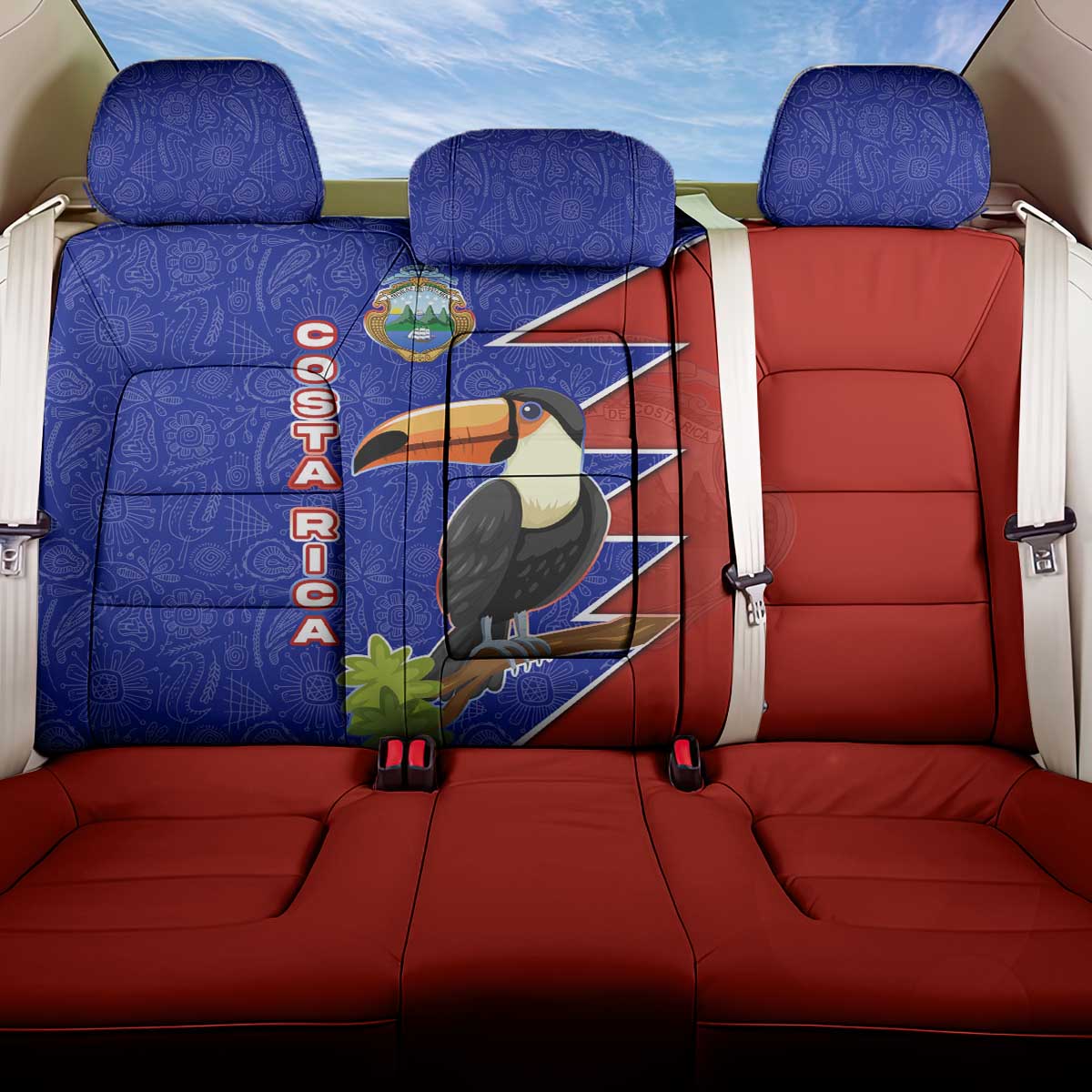 Costa Rica Toucan Back Car Seat Cover Red and Blue with National Seal and Tropical Bird Graphic - Wonder Print Shop
