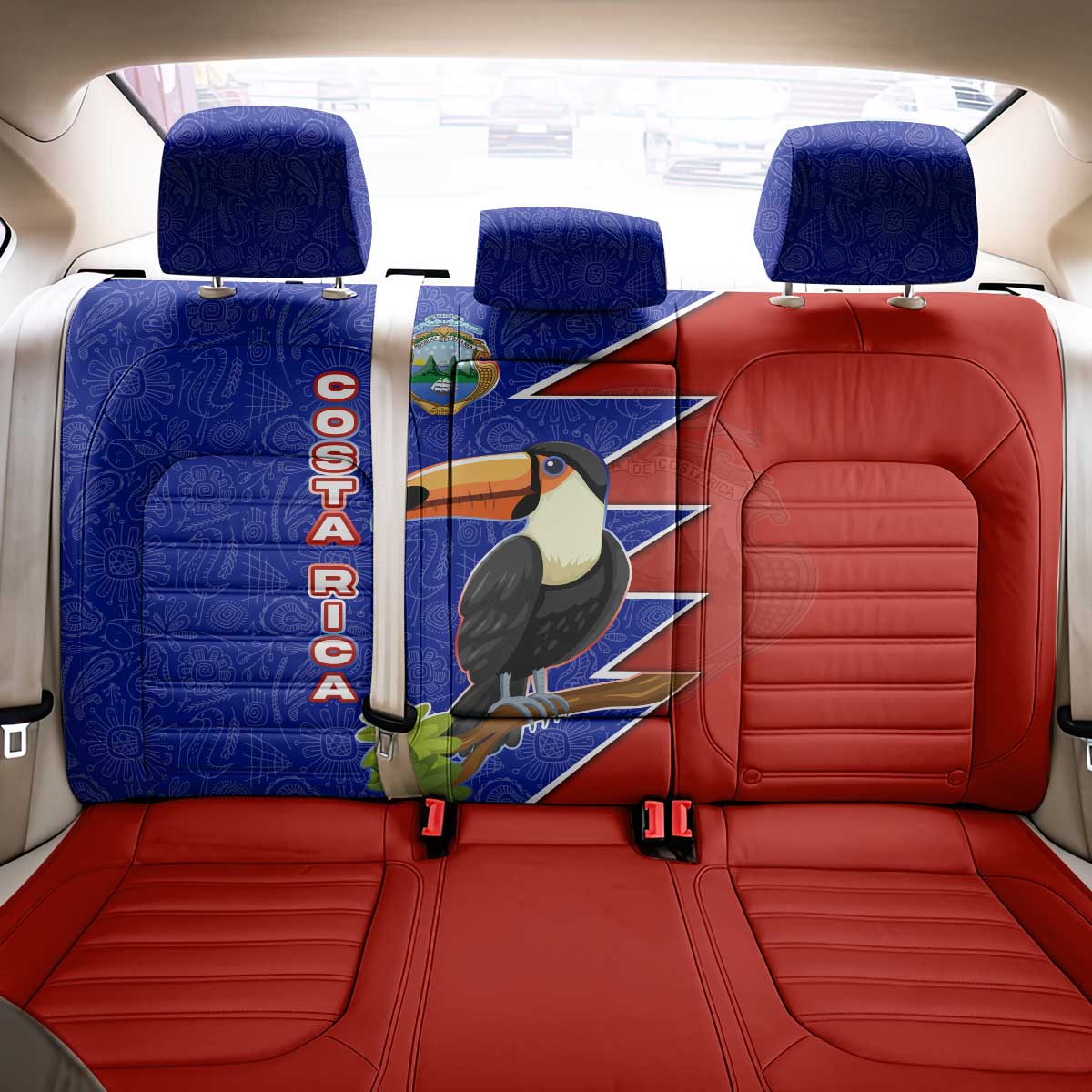 Costa Rica Toucan Back Car Seat Cover Red and Blue with National Seal and Tropical Bird Graphic - Wonder Print Shop