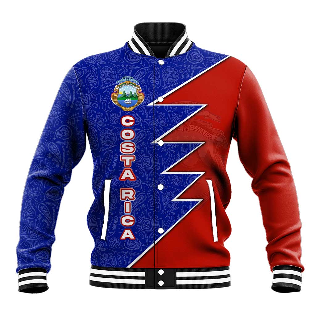 Costa Rica Toucan Baseball Jacket Red and Blue with National Seal and Tropical Bird Graphic - Wonder Print Shop
