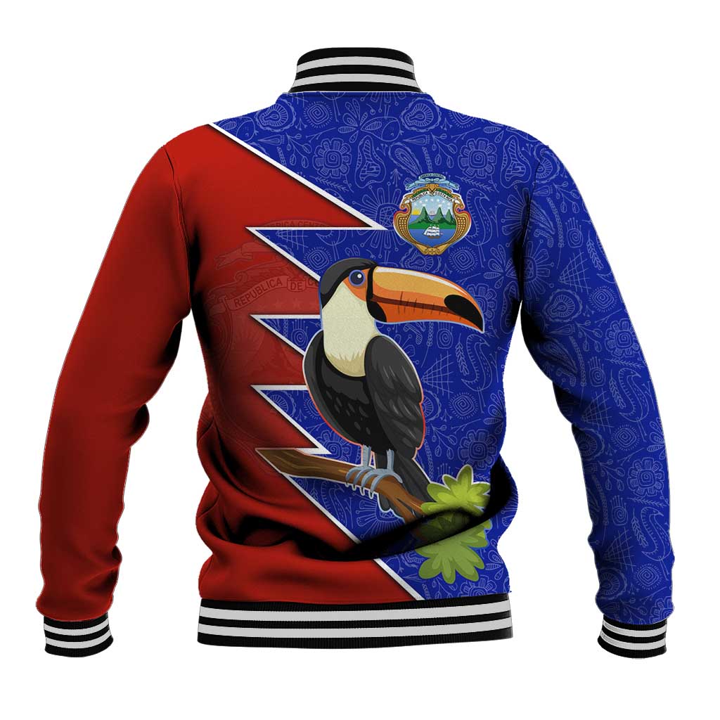 Costa Rica Toucan Baseball Jacket Red and Blue with National Seal and Tropical Bird Graphic - Wonder Print Shop