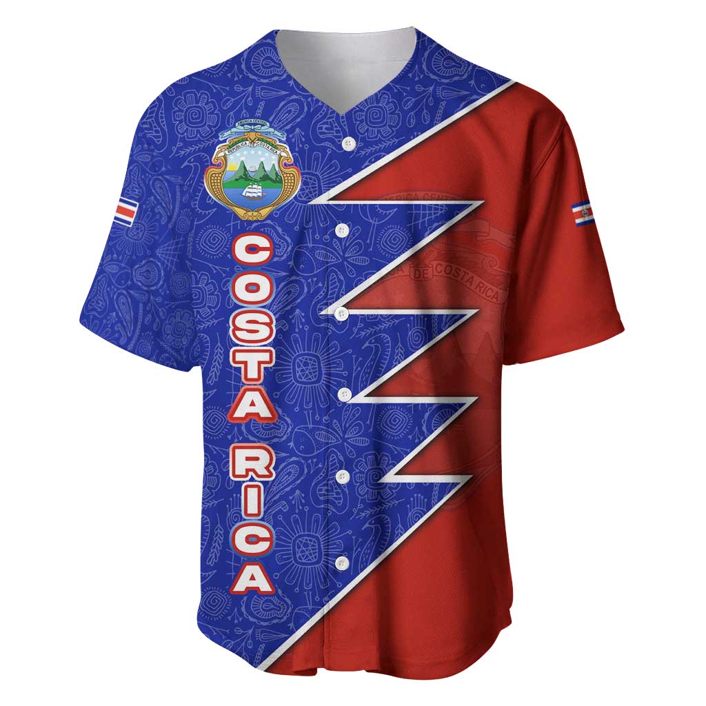 Costa Rica Toucan Baseball Jersey Red and Blue with National Seal and Tropical Bird Graphic - Wonder Print Shop