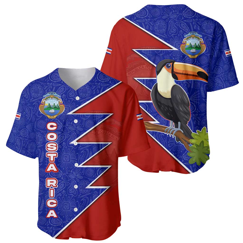 Costa Rica Toucan Baseball Jersey Red and Blue with National Seal and Tropical Bird Graphic - Wonder Print Shop