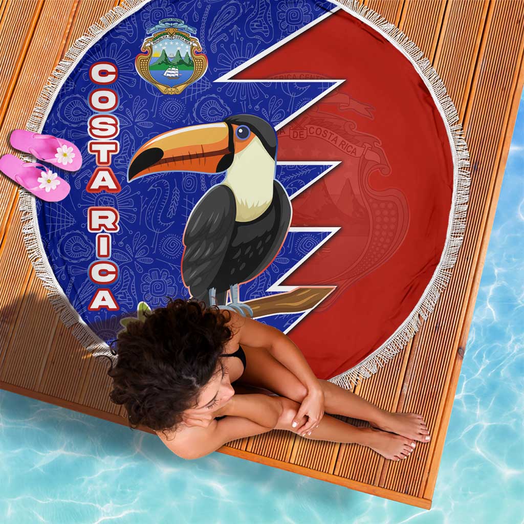 Costa Rica Toucan Beach Blanket Red and Blue with National Seal and Tropical Bird Graphic - Wonder Print Shop