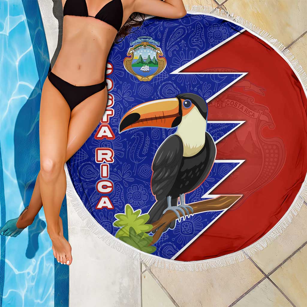 Costa Rica Toucan Beach Blanket Red and Blue with National Seal and Tropical Bird Graphic - Wonder Print Shop