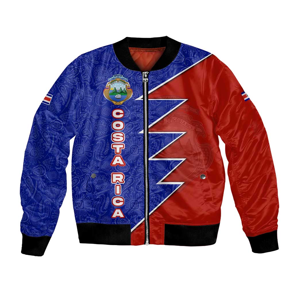 Costa Rica Toucan Bomber Jacket Red and Blue with National Seal and Tropical Bird Graphic - Wonder Print Shop