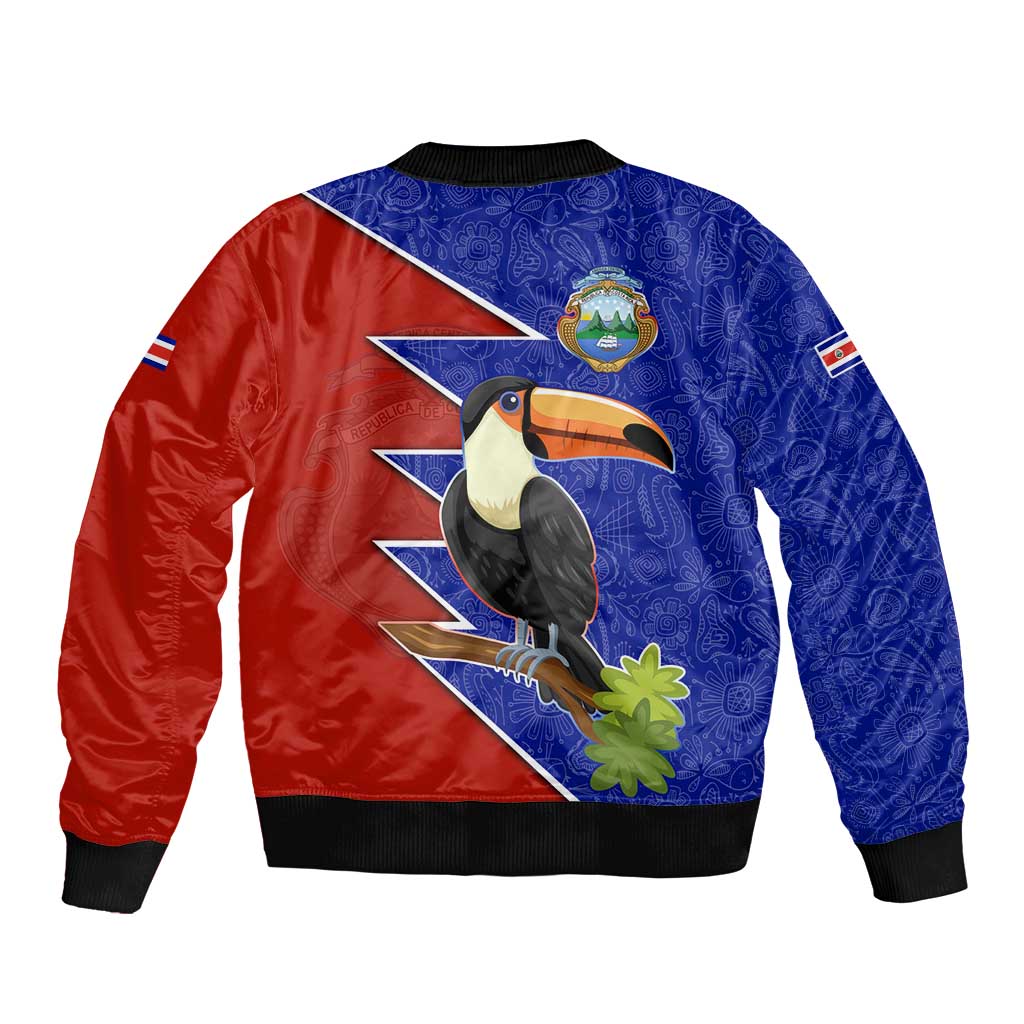 Costa Rica Toucan Bomber Jacket Red and Blue with National Seal and Tropical Bird Graphic - Wonder Print Shop