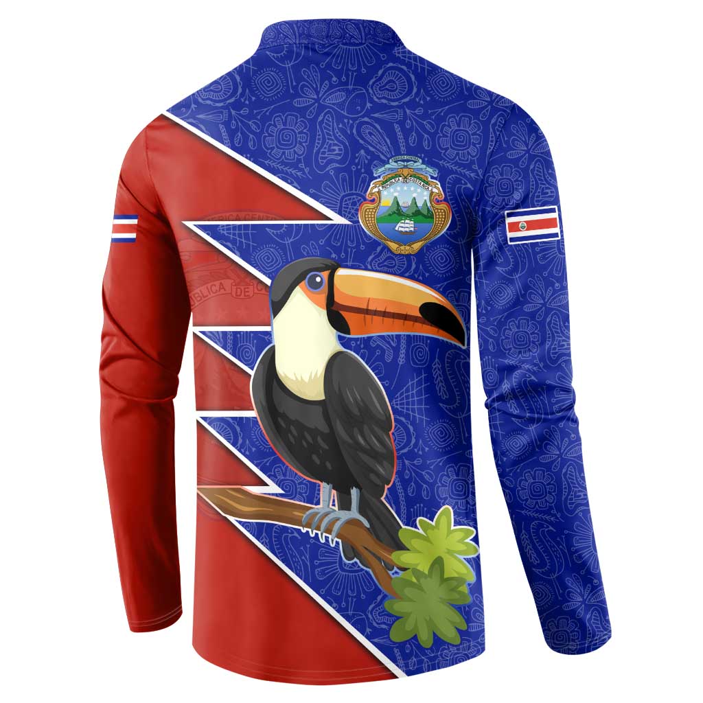 Costa Rica Toucan Button Sweatshirt Red and Blue with National Seal and Tropical Bird Graphic - Wonder Print Shop