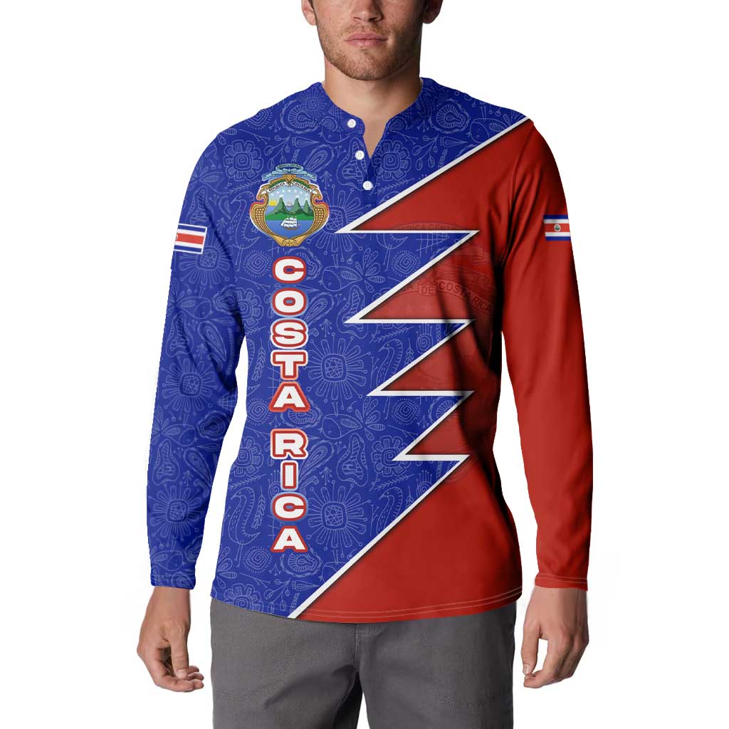 Costa Rica Toucan Button Sweatshirt Red and Blue with National Seal and Tropical Bird Graphic - Wonder Print Shop