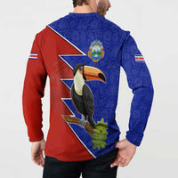 Costa Rica Toucan Button Sweatshirt Red and Blue with National Seal and Tropical Bird Graphic - Wonder Print Shop