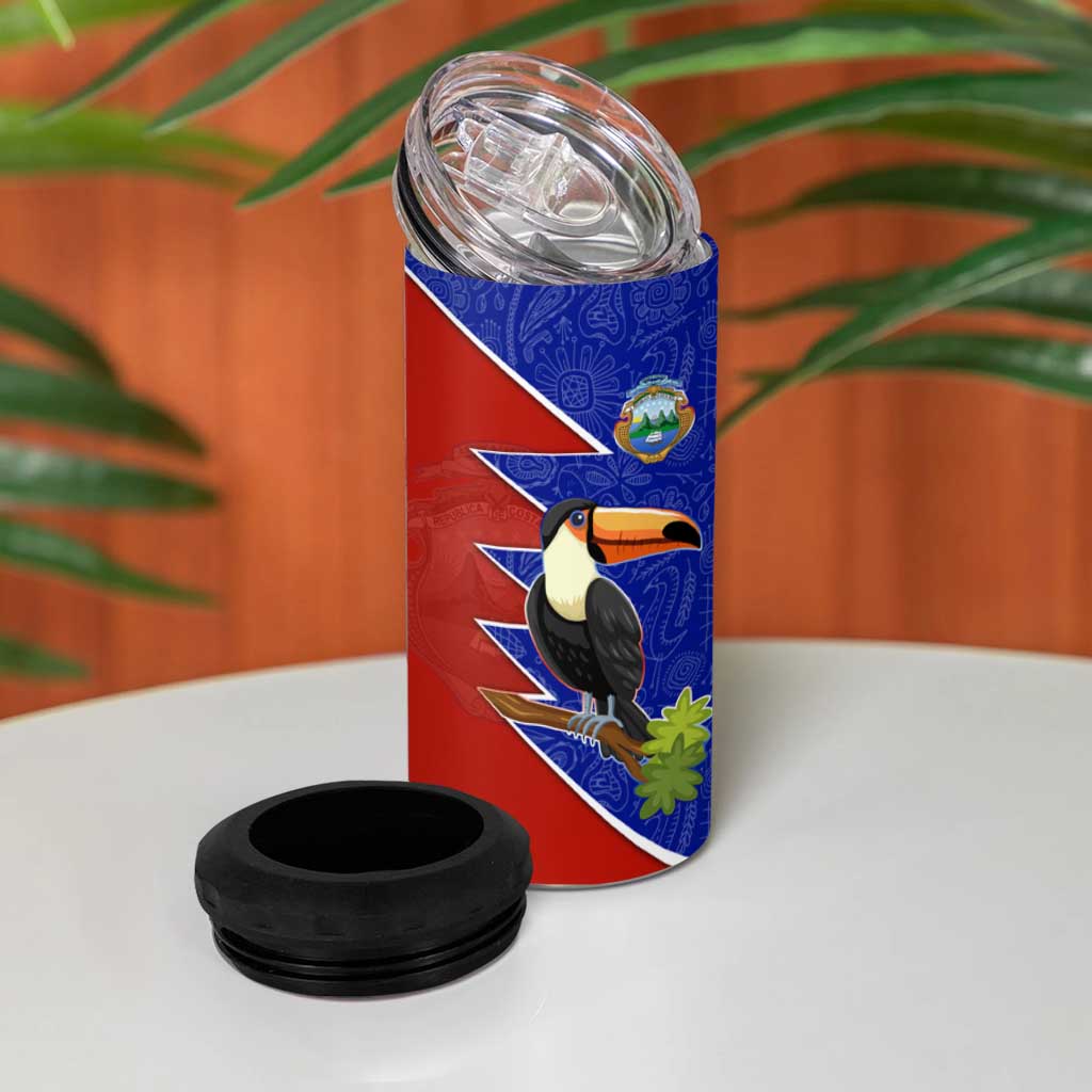 Costa Rica Toucan 4 in 1 Can Cooler Tumbler Red and Blue with National Seal and Tropical Bird Graphic - Wonder Print Shop