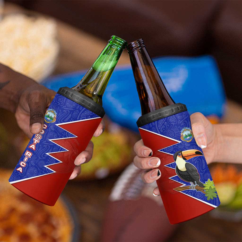 Costa Rica Toucan 4 in 1 Can Cooler Tumbler Red and Blue with National Seal and Tropical Bird Graphic - Wonder Print Shop