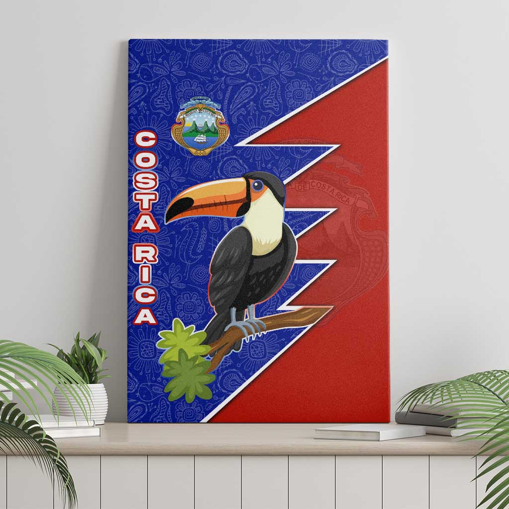 Costa Rica Toucan Canvas Wall Art Red and Blue with National Seal and Tropical Bird Graphic - Wonder Print Shop