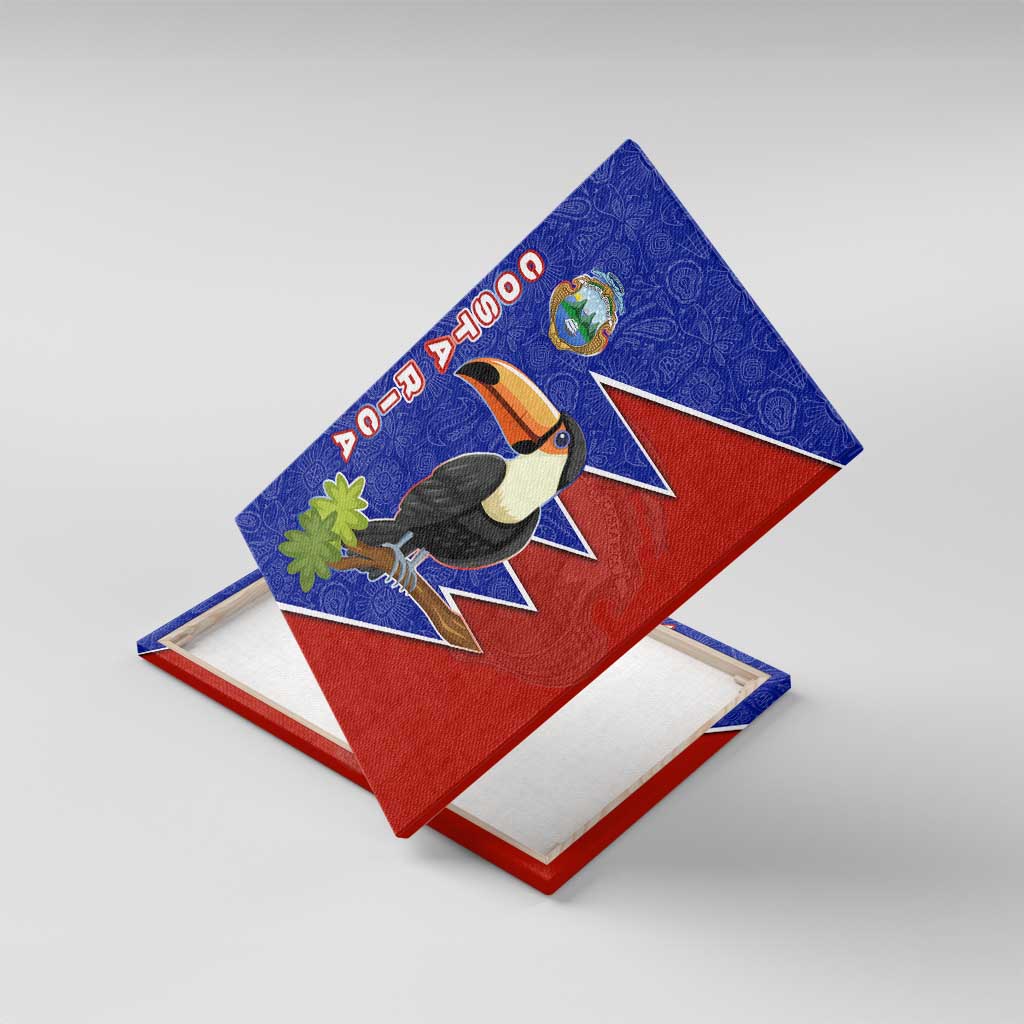 Costa Rica Toucan Canvas Wall Art Red and Blue with National Seal and Tropical Bird Graphic - Wonder Print Shop