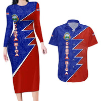 Costa Rica Toucan Couples Matching Long Sleeve Bodycon Dress and Hawaiian Shirt Red and Blue with National Seal and Tropical Bird Graphic - Wonder Print Shop