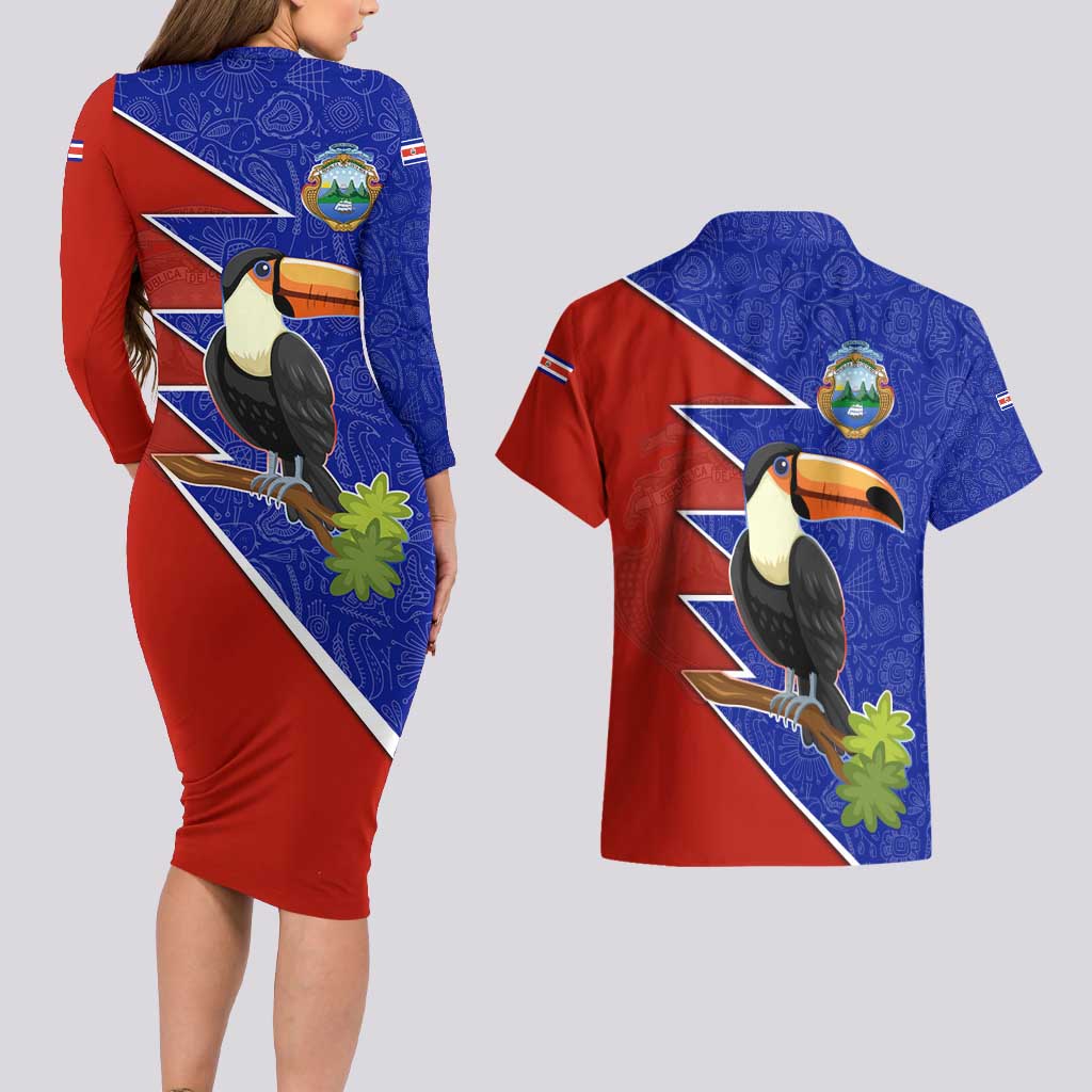 Costa Rica Toucan Couples Matching Long Sleeve Bodycon Dress and Hawaiian Shirt Red and Blue with National Seal and Tropical Bird Graphic - Wonder Print Shop