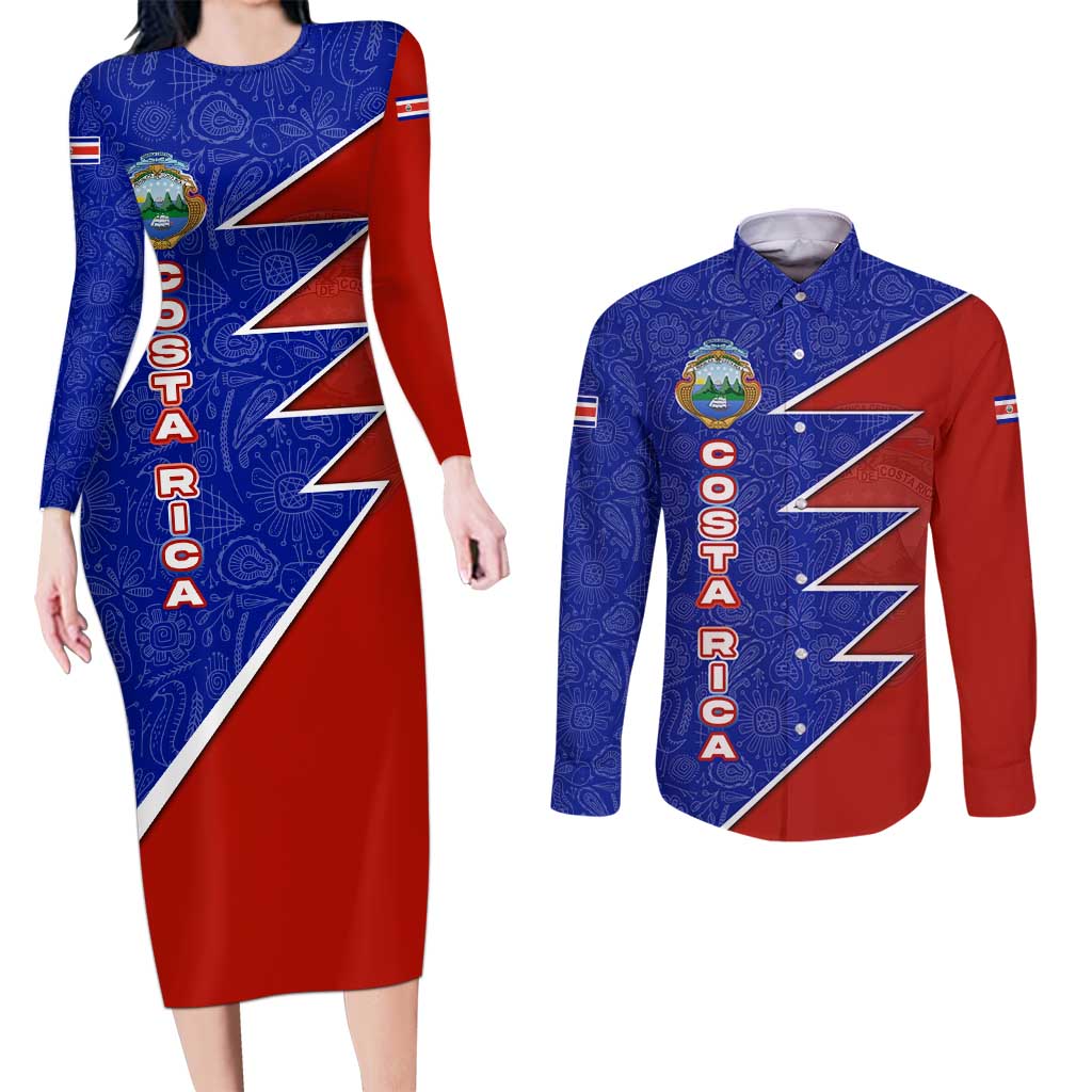 Costa Rica Toucan Couples Matching Long Sleeve Bodycon Dress and Long Sleeve Button Shirt Red and Blue with National Seal and Tropical Bird Graphic - Wonder Print Shop
