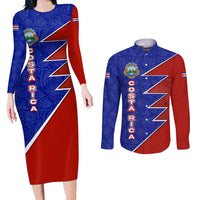 Costa Rica Toucan Couples Matching Long Sleeve Bodycon Dress and Long Sleeve Button Shirt Red and Blue with National Seal and Tropical Bird Graphic - Wonder Print Shop