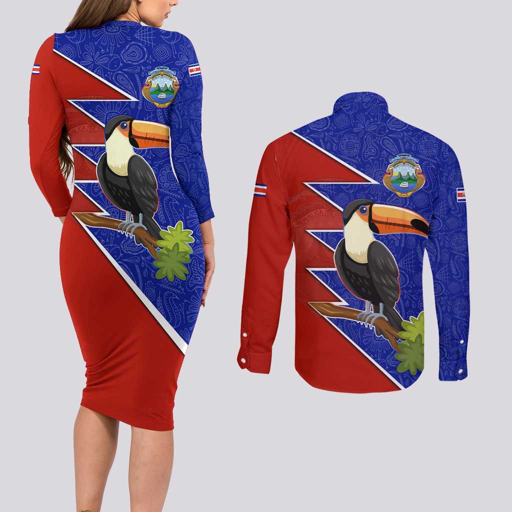 Costa Rica Toucan Couples Matching Long Sleeve Bodycon Dress and Long Sleeve Button Shirt Red and Blue with National Seal and Tropical Bird Graphic - Wonder Print Shop