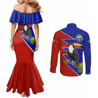 Costa Rica Toucan Couples Matching Mermaid Dress and Long Sleeve Button Shirt Red and Blue with National Seal and Tropical Bird Graphic - Wonder Print Shop