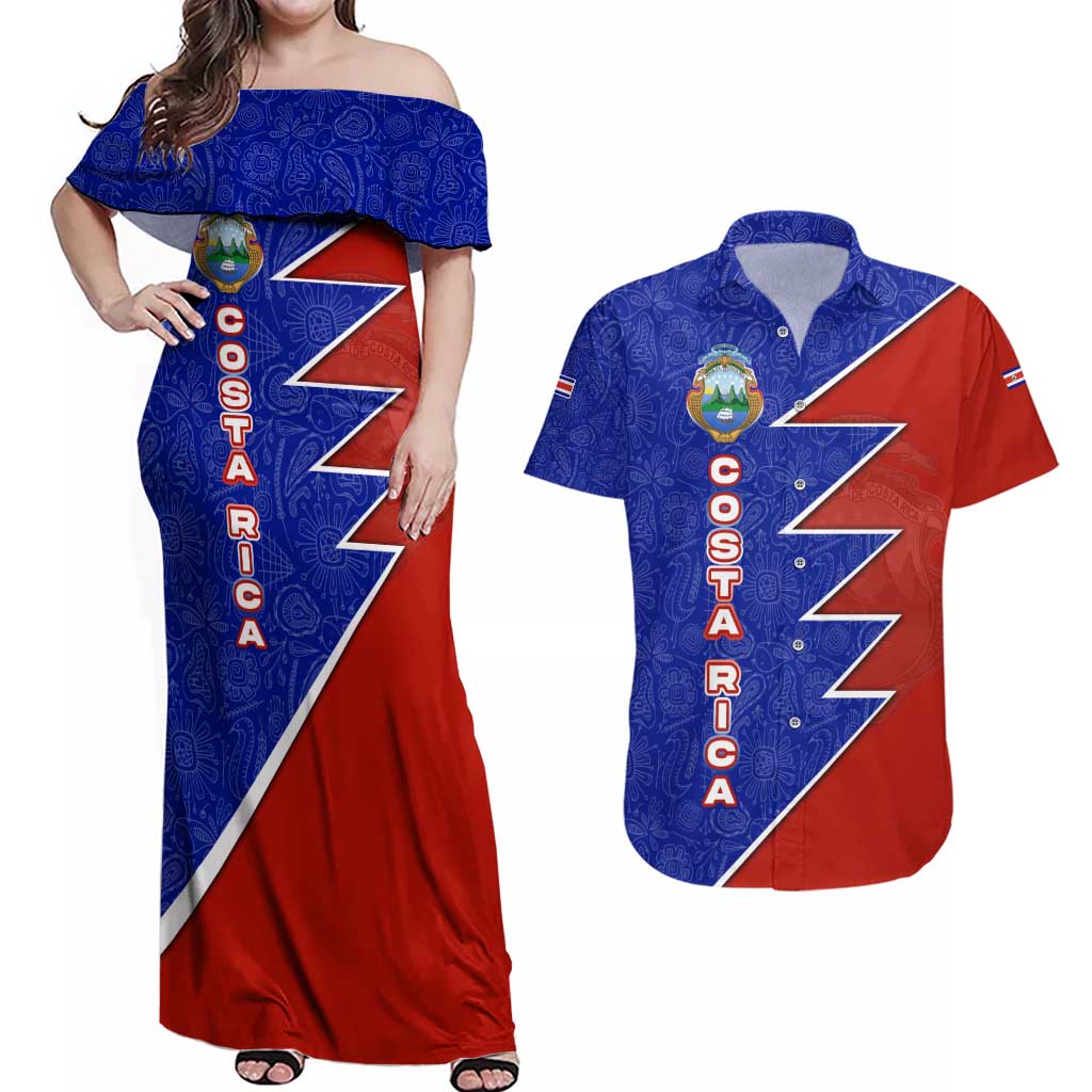 Costa Rica Toucan Couples Matching Off Shoulder Maxi Dress and Hawaiian Shirt Red and Blue with National Seal and Tropical Bird Graphic - Wonder Print Shop