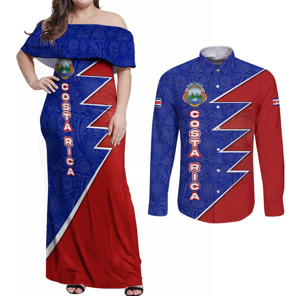 Costa Rica Toucan Couples Matching Off Shoulder Maxi Dress and Long Sleeve Button Shirt Red and Blue with National Seal and Tropical Bird Graphic - Wonder Print Shop