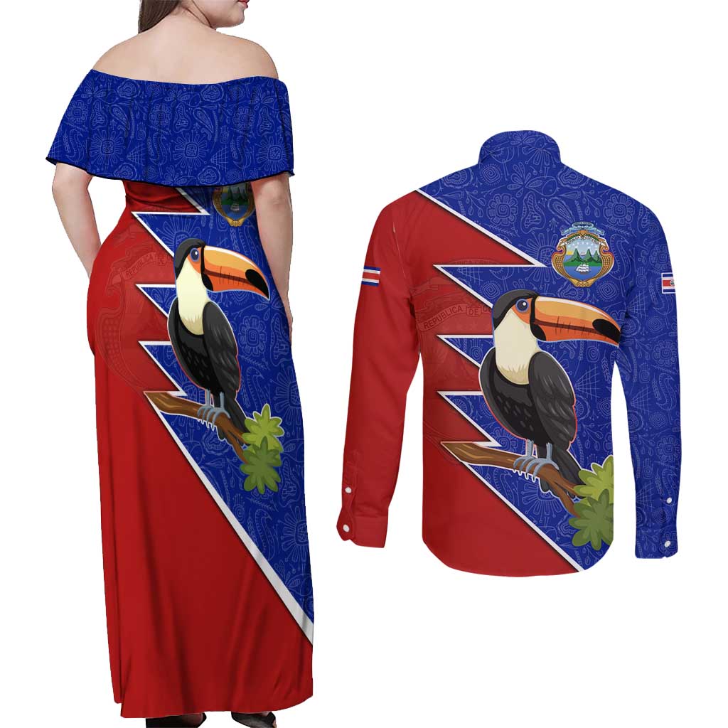 Costa Rica Toucan Couples Matching Off Shoulder Maxi Dress and Long Sleeve Button Shirt Red and Blue with National Seal and Tropical Bird Graphic - Wonder Print Shop