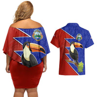 Costa Rica Toucan Couples Matching Off Shoulder Short Dress and Hawaiian Shirt Red and Blue with National Seal and Tropical Bird Graphic - Wonder Print Shop