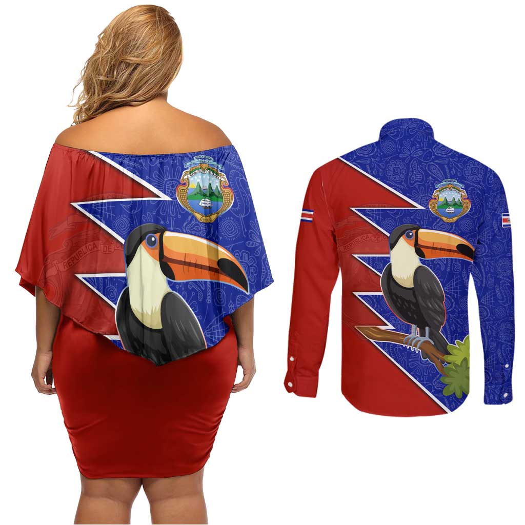 Costa Rica Toucan Couples Matching Off Shoulder Short Dress and Long Sleeve Button Shirt Red and Blue with National Seal and Tropical Bird Graphic - Wonder Print Shop